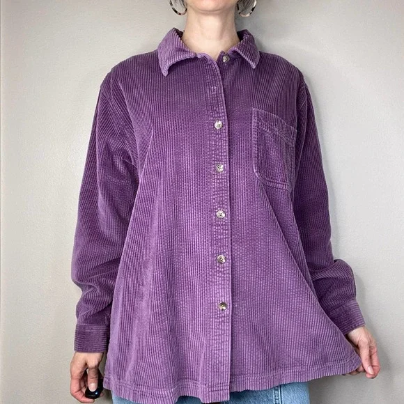 LL Bean wide wale corduroy aubergine purple button-down collared shirt L - Picture 11 of 17
